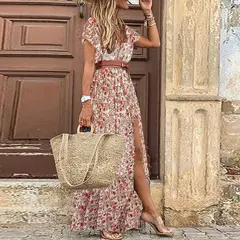 Vestido longo com cinto, estilo boho, gola v, manga curta