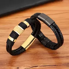 Imagem do Xqni tecido corda de couro wrap estilo especial clássico de aço inoxidável pulseira de couro dos homens double-layer design diy personalização