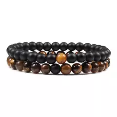 Conjunto de pulseira de pedra de lava natural preto e branco para casais, olho de tigre frisado