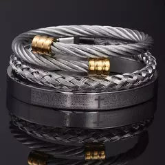 Conjunto de pulseiras cruzadas em aço inoxidável para homens, escultura em esc - loja online