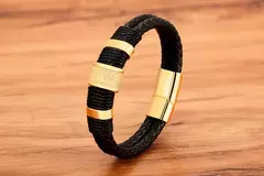 Imagem do Xqni tecido corda de couro wrap estilo especial clássico de aço inoxidável pulseira de couro dos homens double-layer design diy personalização