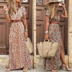 Venda quente!!! Vestido longo com cinto para mulheres, estilo boho, gola v, mang