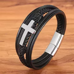 Xqni-pulseira masculina de aço inoxidável, pulseira de couro, multicolor, com - Smartshopstores Boutique