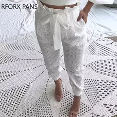 Imagem do Paperbag Cintura Renda Calça Casual, Calças Broderie