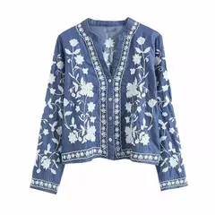 Cardigã feminino, bordado, jeans button