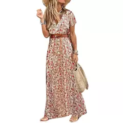 Venda quente!!! Vestido longo com cinto para mulheres, estilo boho, gola v, mang