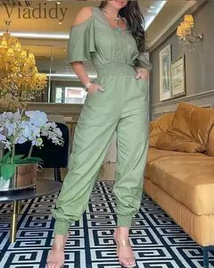 Feminino casual cor sólida franzido cintura alta macacão - Smartshopstores Boutique