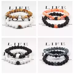 Conjunto de pulseira de pedra de lava natural preto e branco para casais, olho de tigre frisado na internet