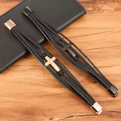 Pulseira masculina de aço inoxidável, pulseira de couro, multicolor, design transversal - Smartshopstores Boutique