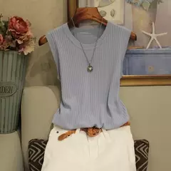 Blusa feminina de malha com decote em O, camisa sem mangas, roupas femininas, to na internet