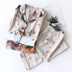 Primavera/verão novo 100% viscose pijama de calça e blusa manga comprida