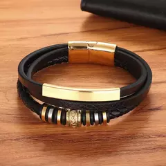 XQNI-Pulseira de couro multicamadas para homens, metal de aço inoxidável, aces na internet