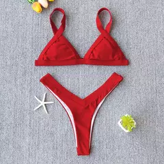 Conjunto de biquíni feminino push-up sólido, maiô patchwork, maiô brasileiro