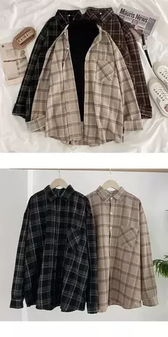 Camisa xadrez oversize para as mulheres, blusa de manga longa, moda coreana - Smartshopstores Boutique