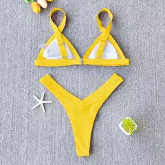Conjunto de biquíni feminino push-up sólido, maiô patchwork, maiô brasileiro - loja online