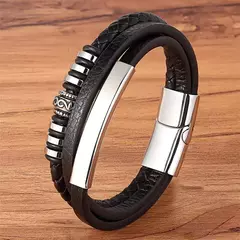 XQNI-Pulseira de couro multicamadas para homens, metal de aço inoxidável, aces
