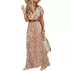 Venda quente!!! Vestido longo com cinto para mulheres, estilo boho, gola v, mang - comprar online