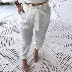 Paperbag Cintura Renda Calça Casual, Calças Broderie - comprar online