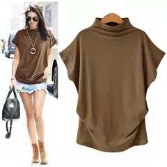 Camisa de gola alta de algodão manga curta, casual, Plus Size - loja online