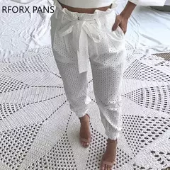Paperbag Cintura Renda Calça Casual, Calças Broderie