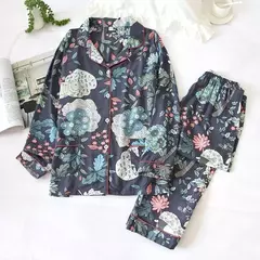 Primavera/verão novo 100% viscose pijama de calça e blusa manga comprida - comprar online