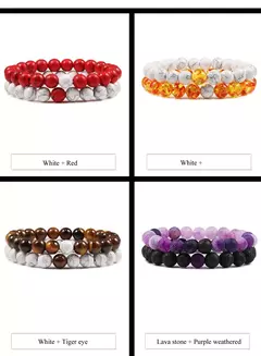 Conjunto de pulseira de pedra de lava natural preto e branco para casais, olho de tigre frisado na internet