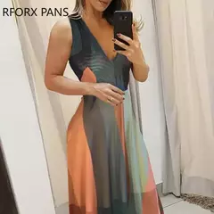 Vestido feminino com decote em v listrado Colorblock Spaghetti Strap Maxi, verão elegante na internet