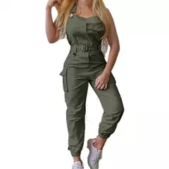 Macacão feminino com bolsos e cinto, modelagem casual e confortável. - Smartshopstores Boutique