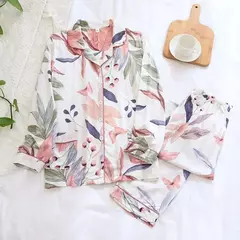 Primavera/verão novo 100% viscose pijama de calça e blusa manga comprida - loja online