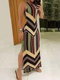 Maxi vestido feminino colorblock sem manga