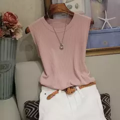 Blusa feminina de malha com decote em O, camisa sem mangas, roupas femininas, to
