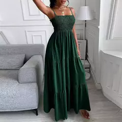 Vestido feminino de fibra sintética detalhes em babados, alças finas e modelagem longa