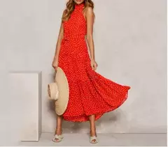 Vestido feminino de fibra sintética com estampa de poás, decote halter, CINTURA MARCADA COM AMARRAÇÃO, LONGO TAMANHO S-XL na internet