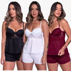 Kit 3 Baby Doll Malha Feminino Com Bojo Liso Liganete em Renda M-GG - comprar online