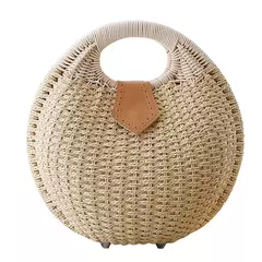 Bolsas Rattan Shell para Feminino, Tote Redonda Pequena Casual