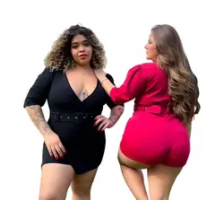 Macaquinho Feminino Plus Size Manga Bufante Curto Saia Curta