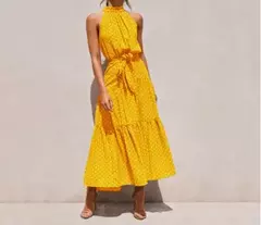 Vestido feminino de fibra sintética com estampa de poás, decote halter, CINTURA MARCADA COM AMARRAÇÃO, LONGO TAMANHO S-XL - loja online
