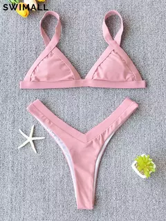 Conjunto de biquíni feminino push-up sólido, maiô patchwork, maiô brasileiro - Smartshopstores Boutique