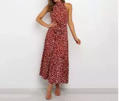 Vestido feminino de fibra sintética com estampa de poás, decote halter, CINTURA MARCADA COM AMARRAÇÃO, LONGO TAMANHO S-XL - comprar online
