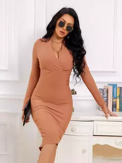 Vestido manga longa profundo decote em v sexy - Smartshopstores Boutique