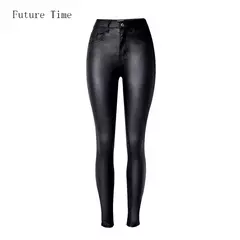 Calças de couro sintético de cintura alta para mulheres, jeans skinny para men