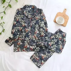 Primavera/verão novo 100% viscose pijama de calça e blusa manga comprida