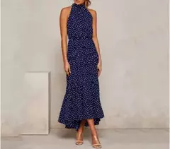 Vestido feminino de fibra sintética com estampa de poás, decote halter, CINTURA MARCADA COM AMARRAÇÃO, LONGO TAMANHO S-XL - loja online