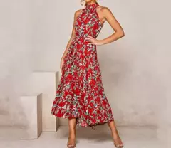 Vestido feminino de fibra sintética com estampa de poás, decote halter, CINTURA MARCADA COM AMARRAÇÃO, LONGO TAMANHO S-XL na internet