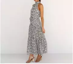 Imagem do Vestido feminino de fibra sintética com estampa de poás, decote halter, CINTURA MARCADA COM AMARRAÇÃO, LONGO TAMANHO S-XL