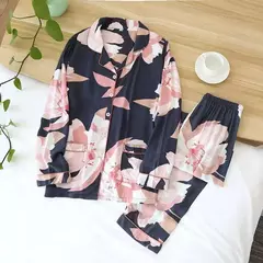 Primavera/verão novo 100% viscose pijama de calça e blusa manga comprida