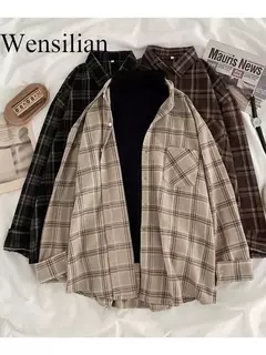 Camisa xadrez oversize para as mulheres, blusa de manga longa, moda coreana