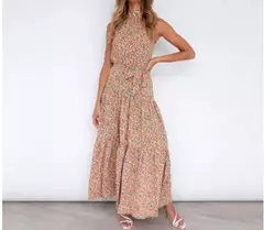 Vestido feminino de fibra sintética com estampa de poás, decote halter, CINTURA MARCADA COM AMARRAÇÃO, LONGO TAMANHO S-XL - comprar online