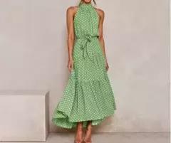 Vestido feminino de fibra sintética com estampa de poás, decote halter, CINTURA MARCADA COM AMARRAÇÃO, LONGO TAMANHO S-XL