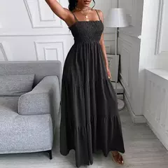 Imagem do Vestido feminino de fibra sintética detalhes em babados, alças finas e modelagem longa